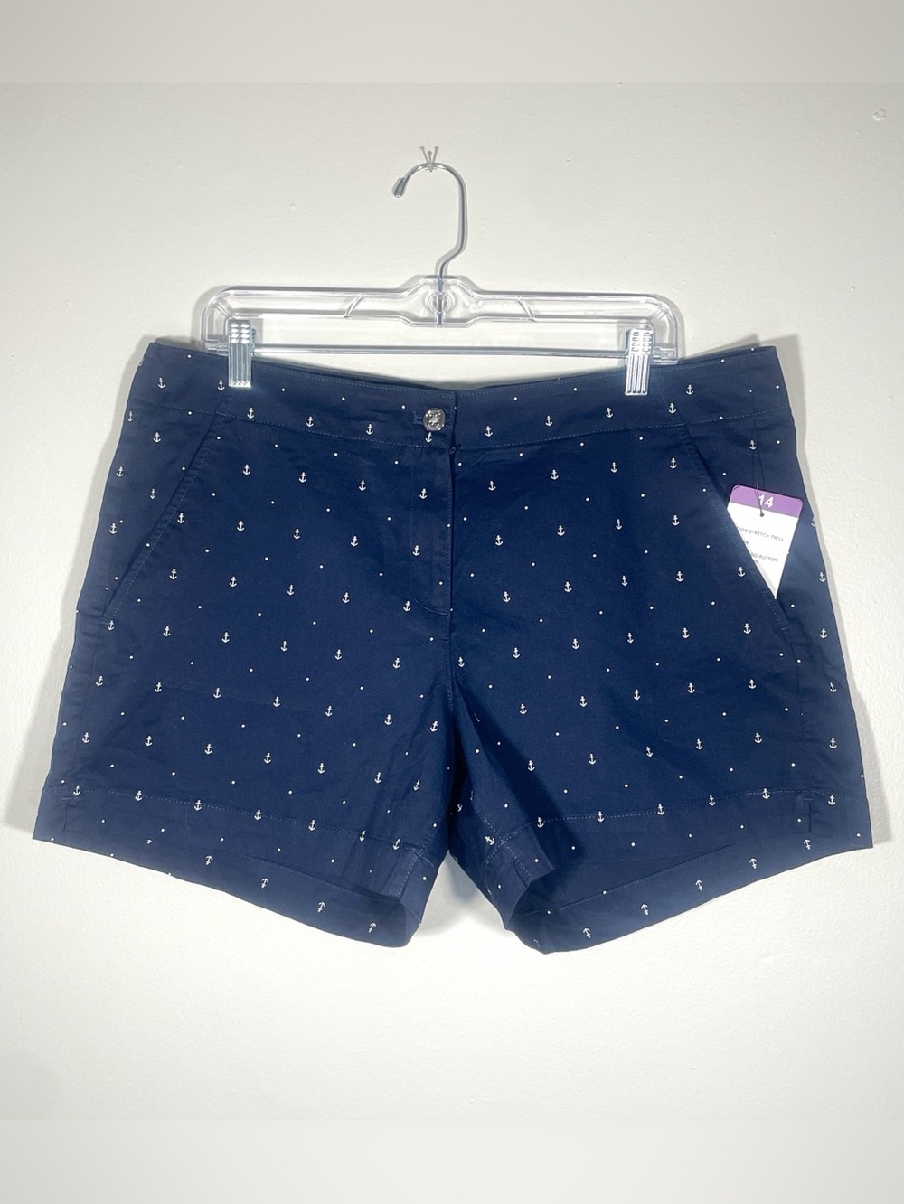 NWT Nautica Navy Anchor Print Mid-Rise Stretch Shorts Coastal Preppy Nautical